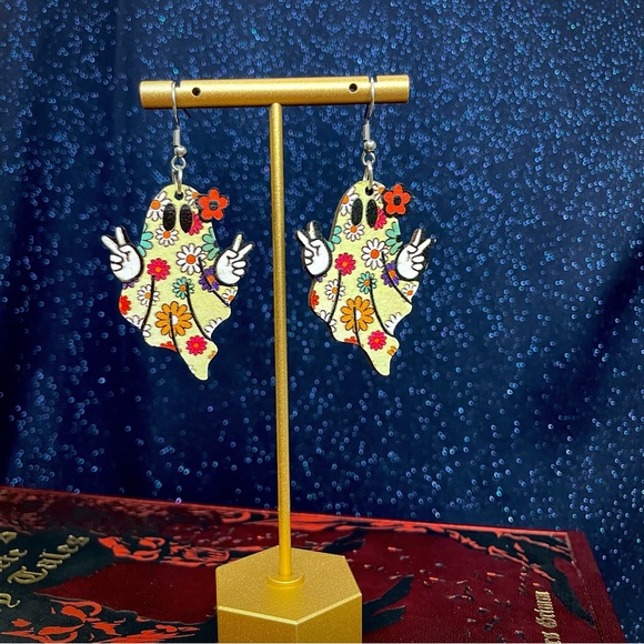 Hippie ghost peace sign dangle earrings - Picture 4 of 8